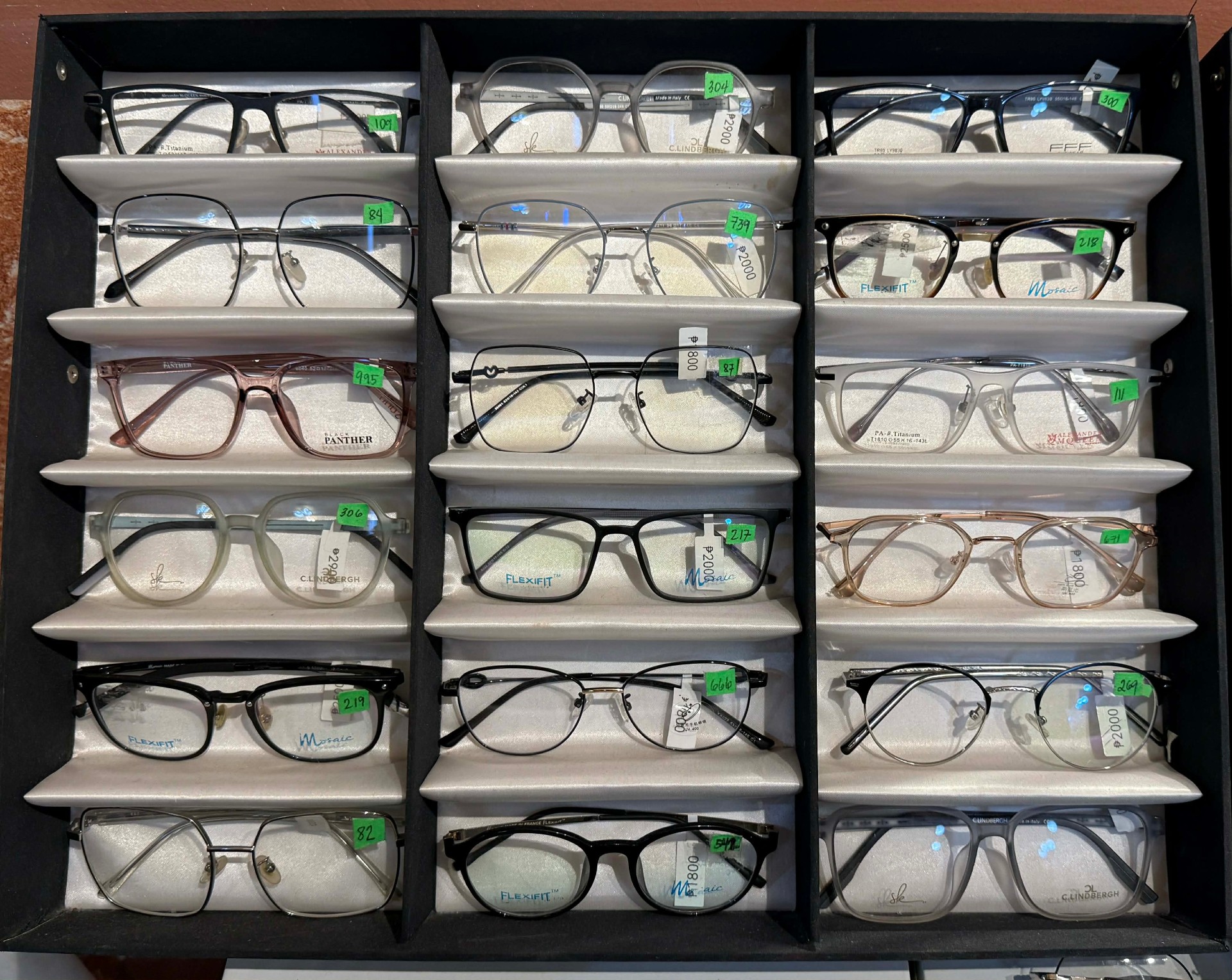 Designer eyeglasses frame collection on display